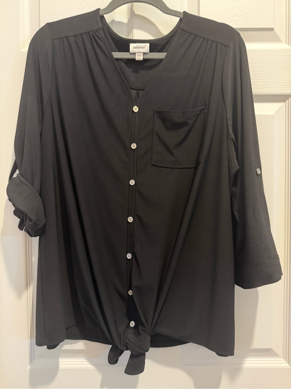 Avenue Black Button-Front Roll-Tab Blouse